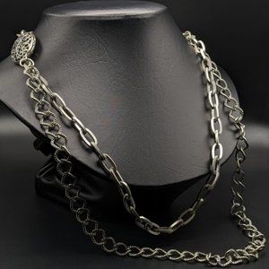 Silver Filigree Accented Vintage Style Double Tier Long Statement Necklace